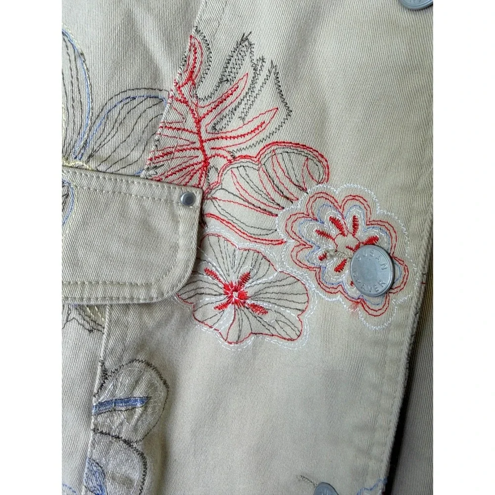 Susan Graver 1X Tan Floral Embroidered Jacket Cotton Blend Utility Plus Size - Picture 8 of 9